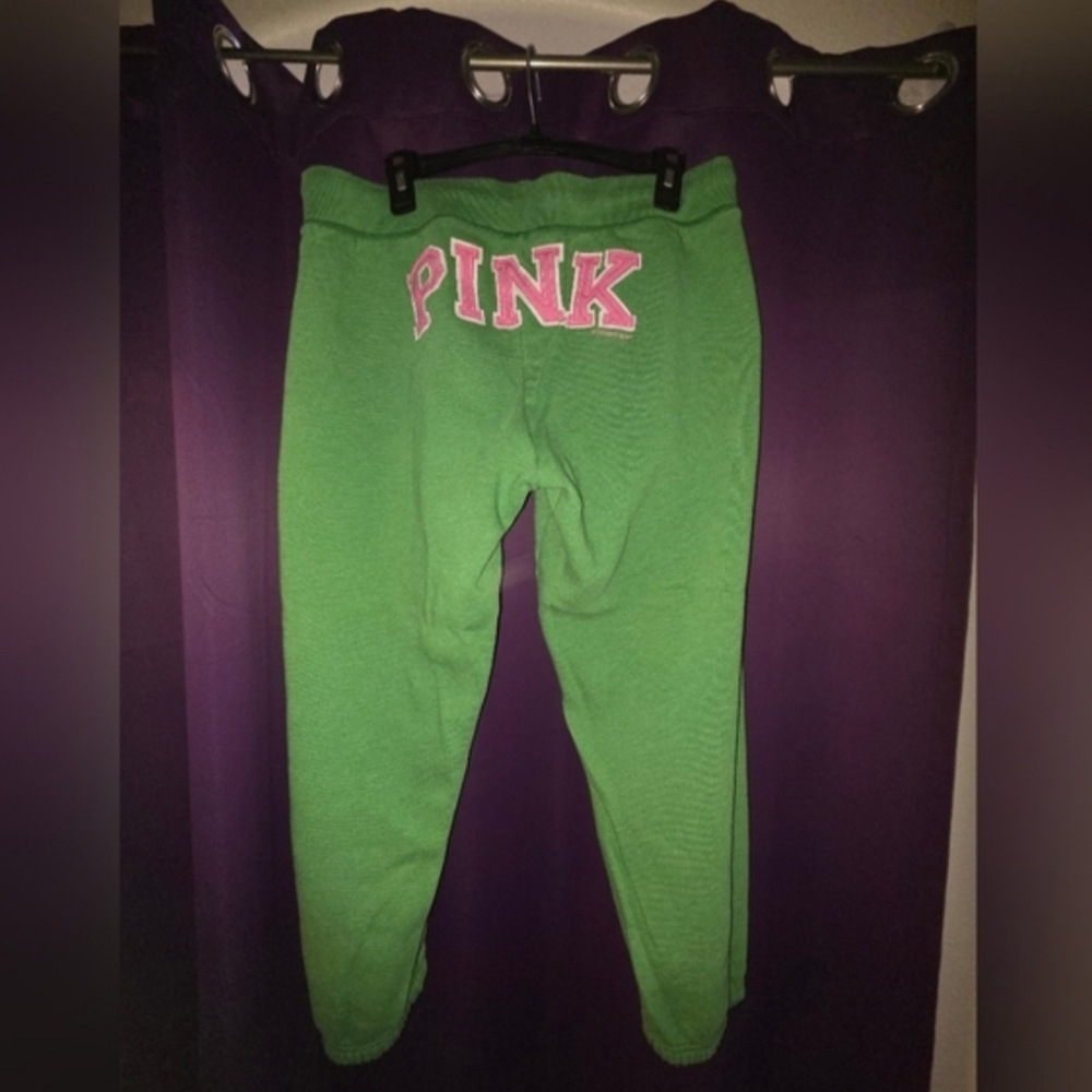 PINK Victoria's Secret Green Sweatpants with Pink Logo